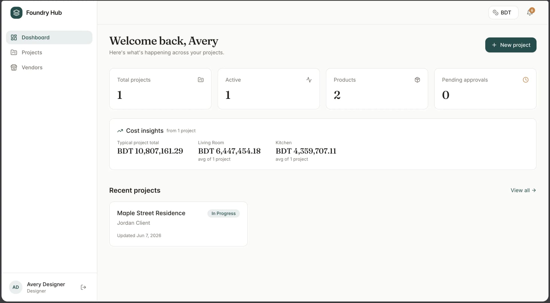 Designer dashboard with project stats and pending approvals