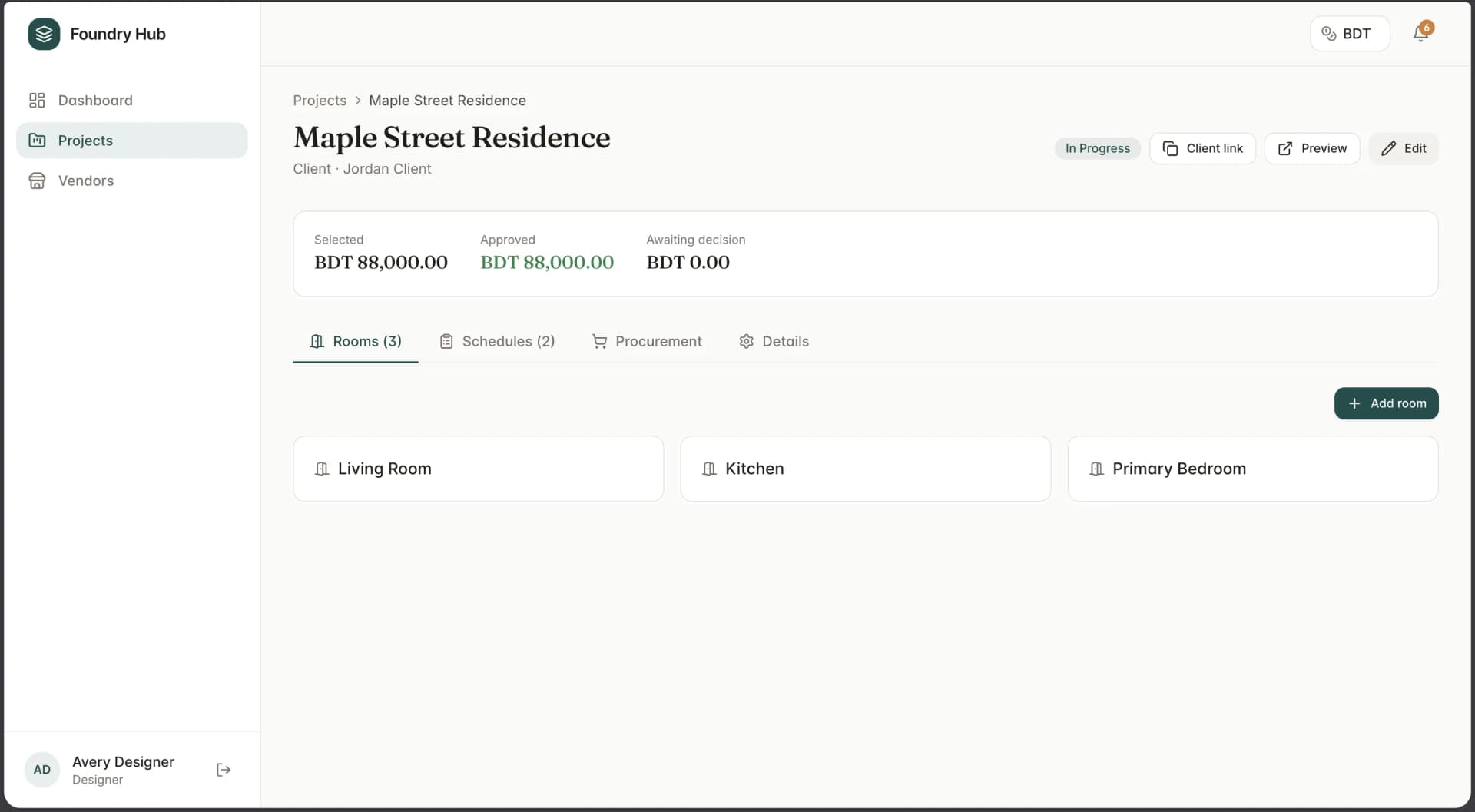 Project page showing rooms and product organisation