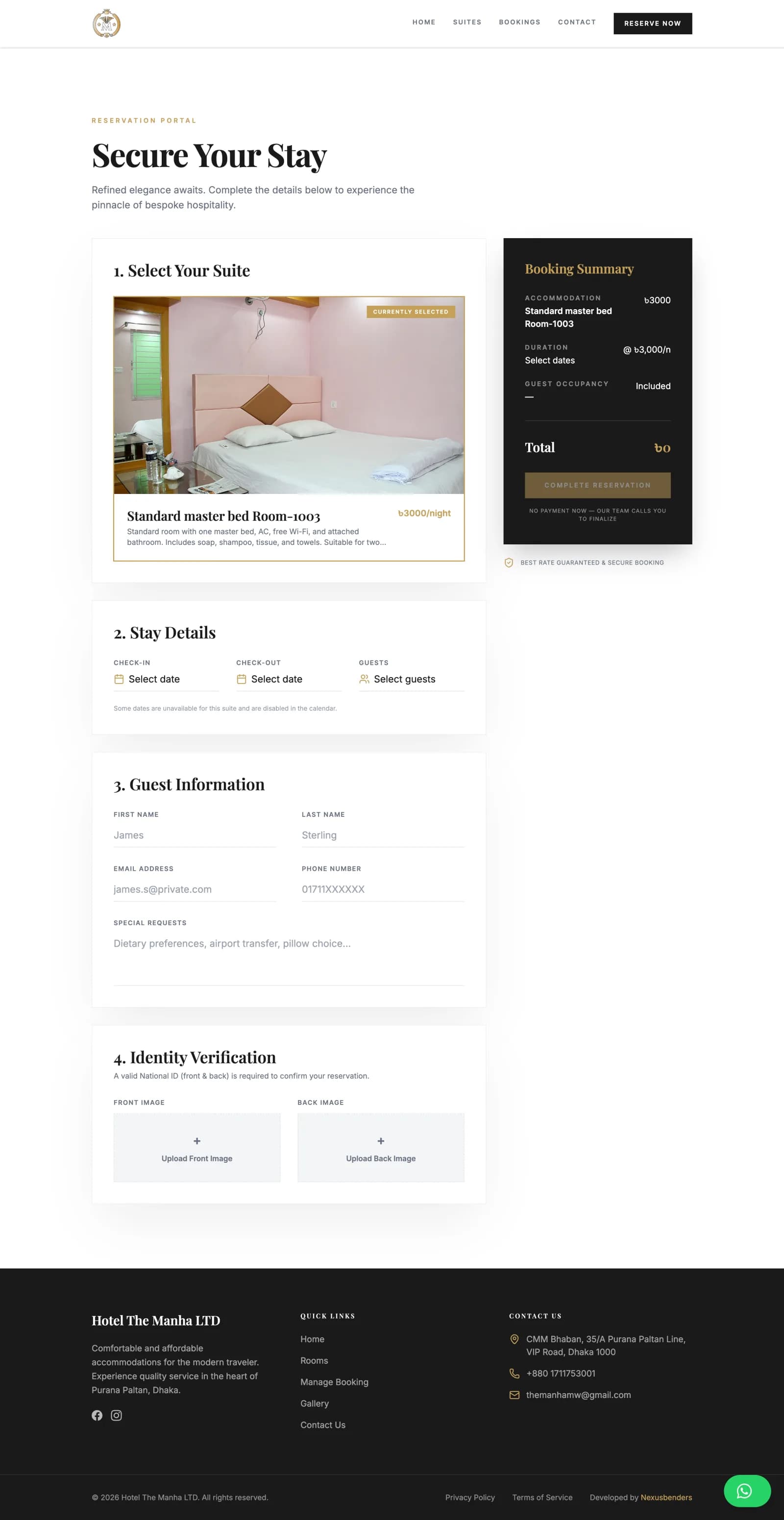 Four-step reservation flow with guest details and identity upload
