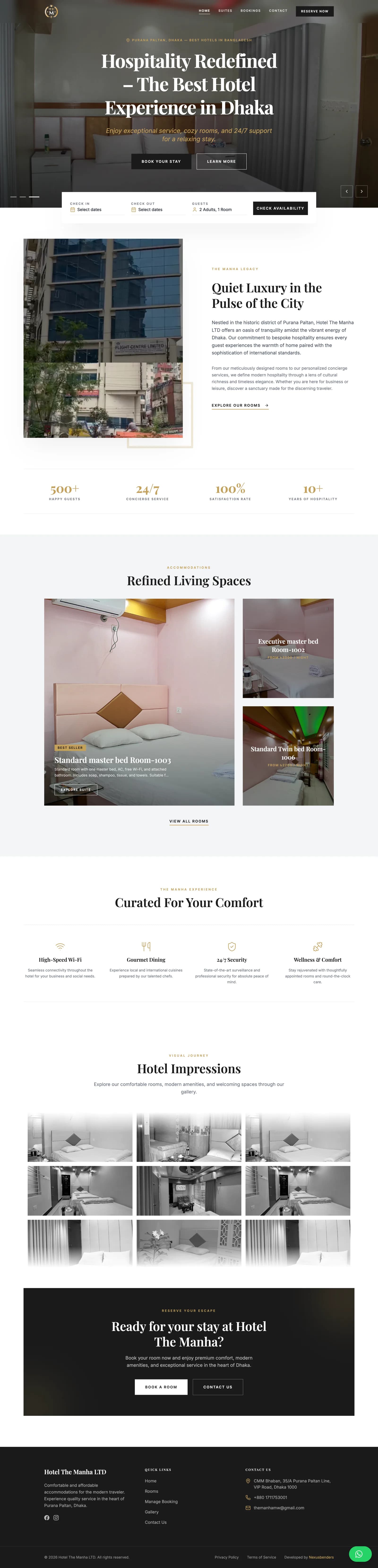 Homepage of Hotel The Manha with hero, availability widget, and featured suites
