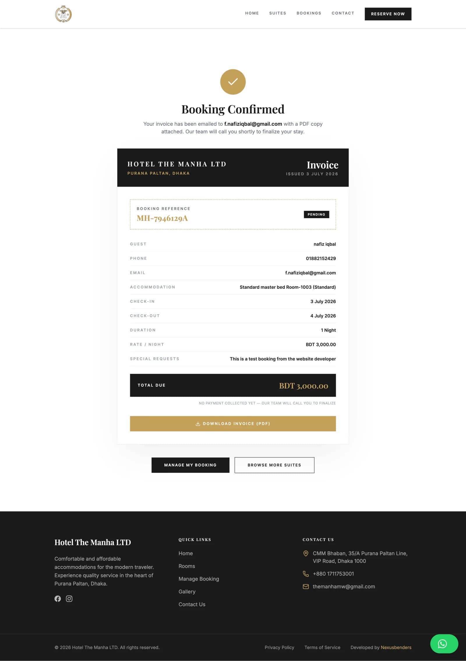 Branded PDF invoice with itemised stay and total