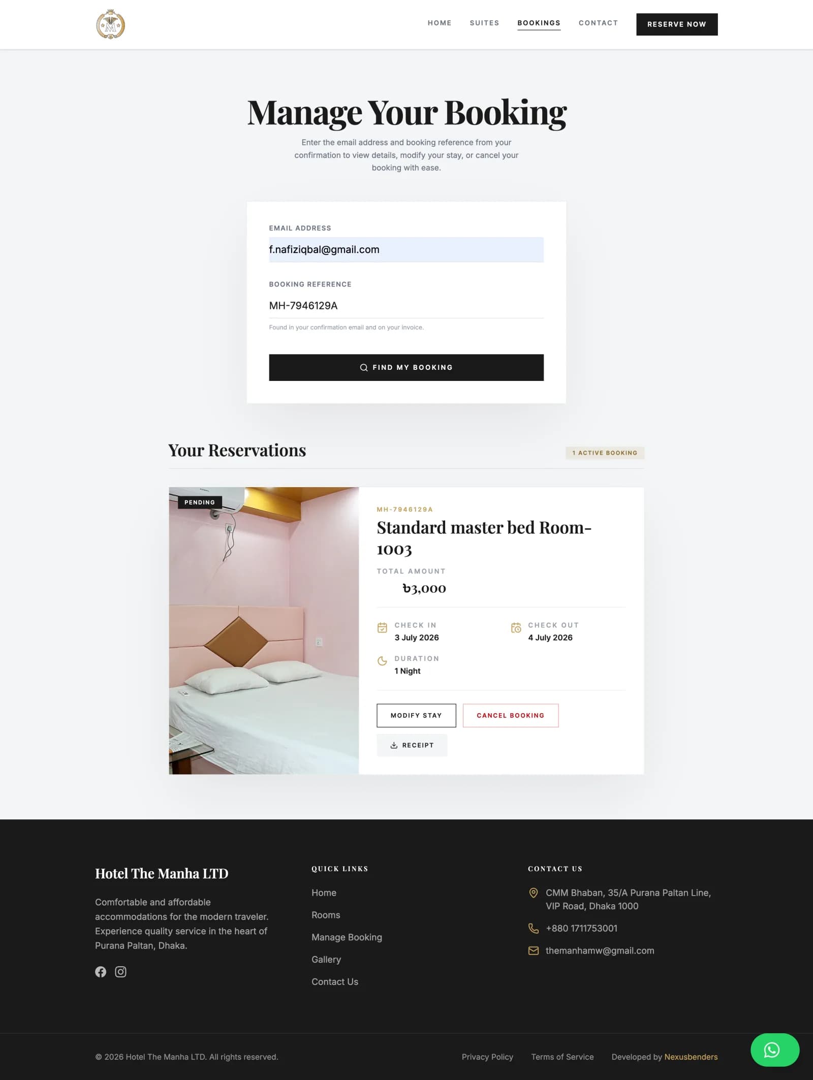 Booking management page with receipt download and cancellation
